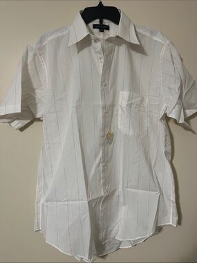 Austin Grey Off-white Short-Sleeve Button-Up fitted Shirt Pink & Gray Pinstripes